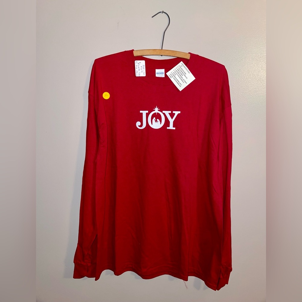 Christmas themed, red long sleeve Guildan t-shirt with white sparkle “JOY”, XL